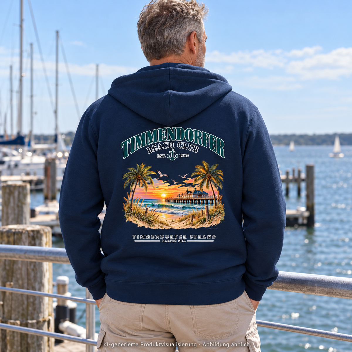 KI-generierte Produktvisualisierung: Mann trägt den Bio-Zipper in French Navy mit Timmendorfer-Beach-Club-Rückendruck an einer Marina, Rückansicht.