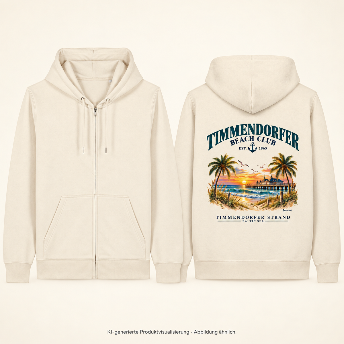 KI-generierte Produktvisualisierung: Bio-Zipper in Natural Raw, links unbedruckte Vorderseite mit Reißverschluss, Kapuze und Fronttaschen; rechts Rückseite mit Timmendorfer-Beach-Club-Backprint.
