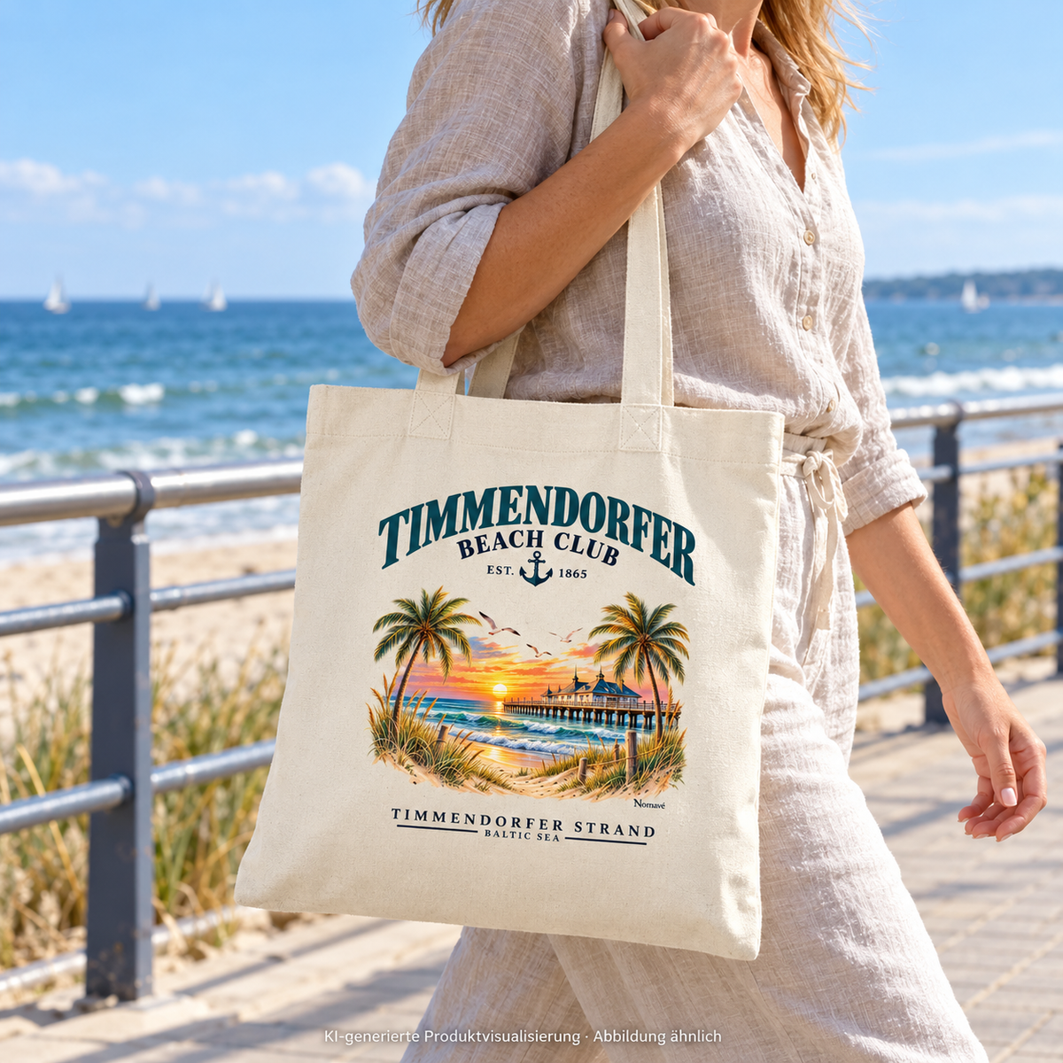 KI-generierte Produktvisualisierung: Frau mit naturfarbener Einkaufstasche und Timmendorfer-Beach-Club-Außenmotiv an einer Küstenpromenade.