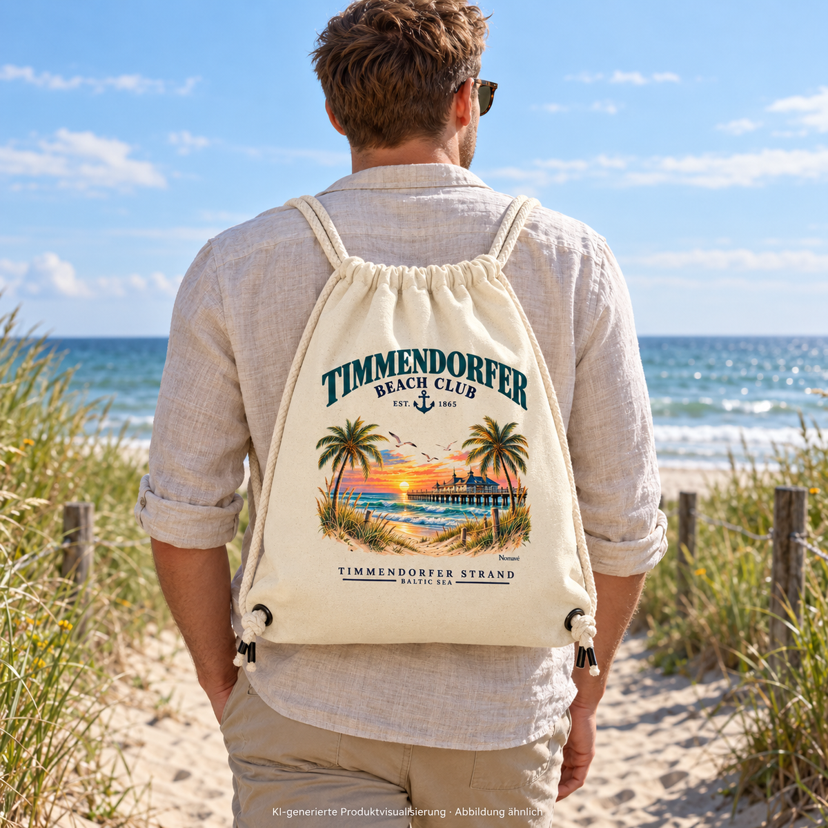 KI-generierte Produktvisualisierung: Mann trägt den naturfarbenen Canvas-Turnbeutel mit Timmendorfer-Beach-Club-Außenmotiv auf einem Strandweg.