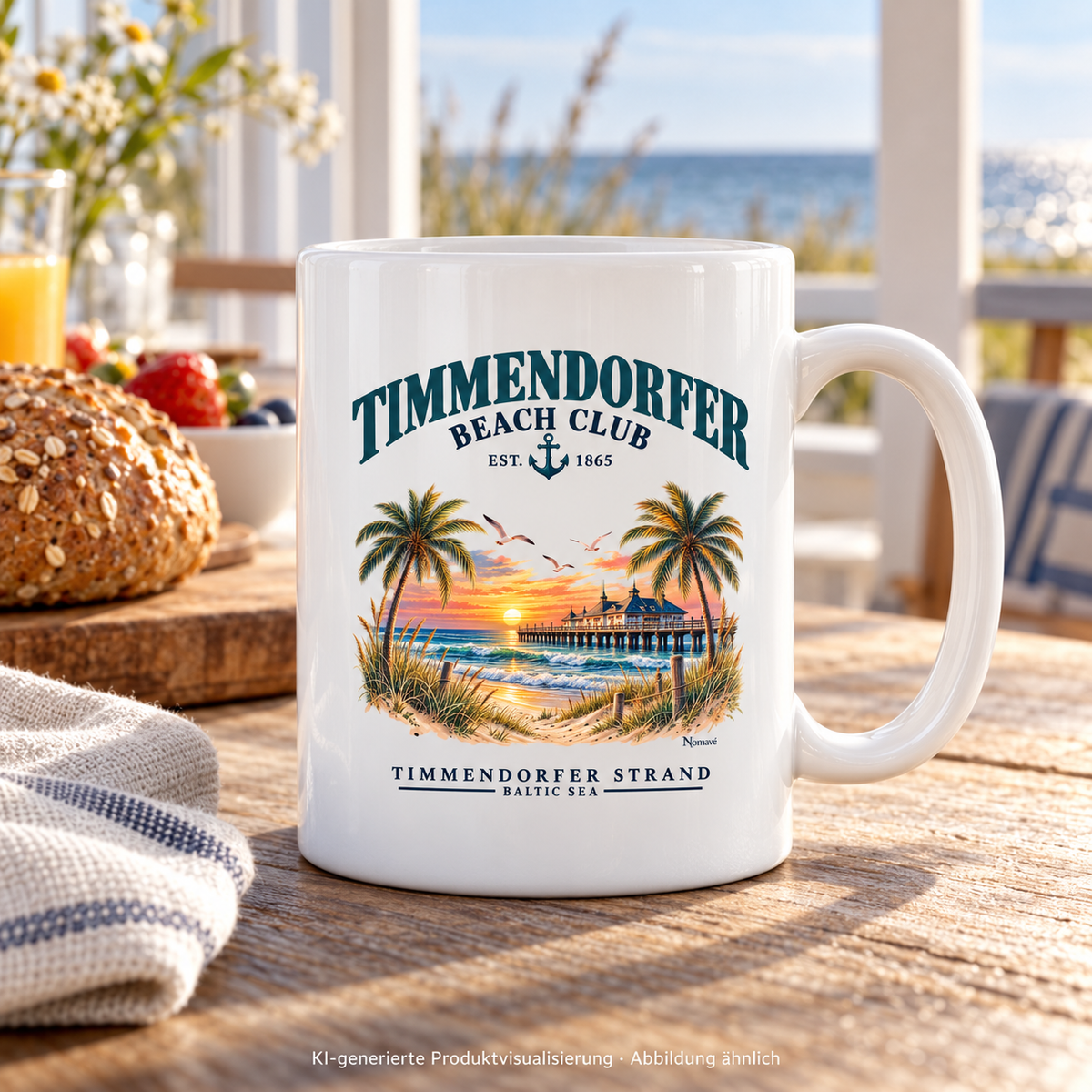 KI-generierte Produktvisualisierung: Weiße Keramiktasse 330 ml mit Timmendorfer-Beach-Club-Außenmotiv beim Frühstück mit Meerblick.