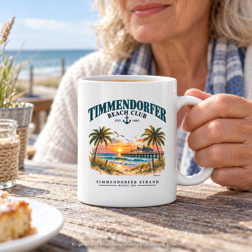 KI-generierte Produktvisualisierung: Frau hält eine weiße Keramiktasse 330 ml mit Timmendorfer-Beach-Club-Außenmotiv im Küstencafé.