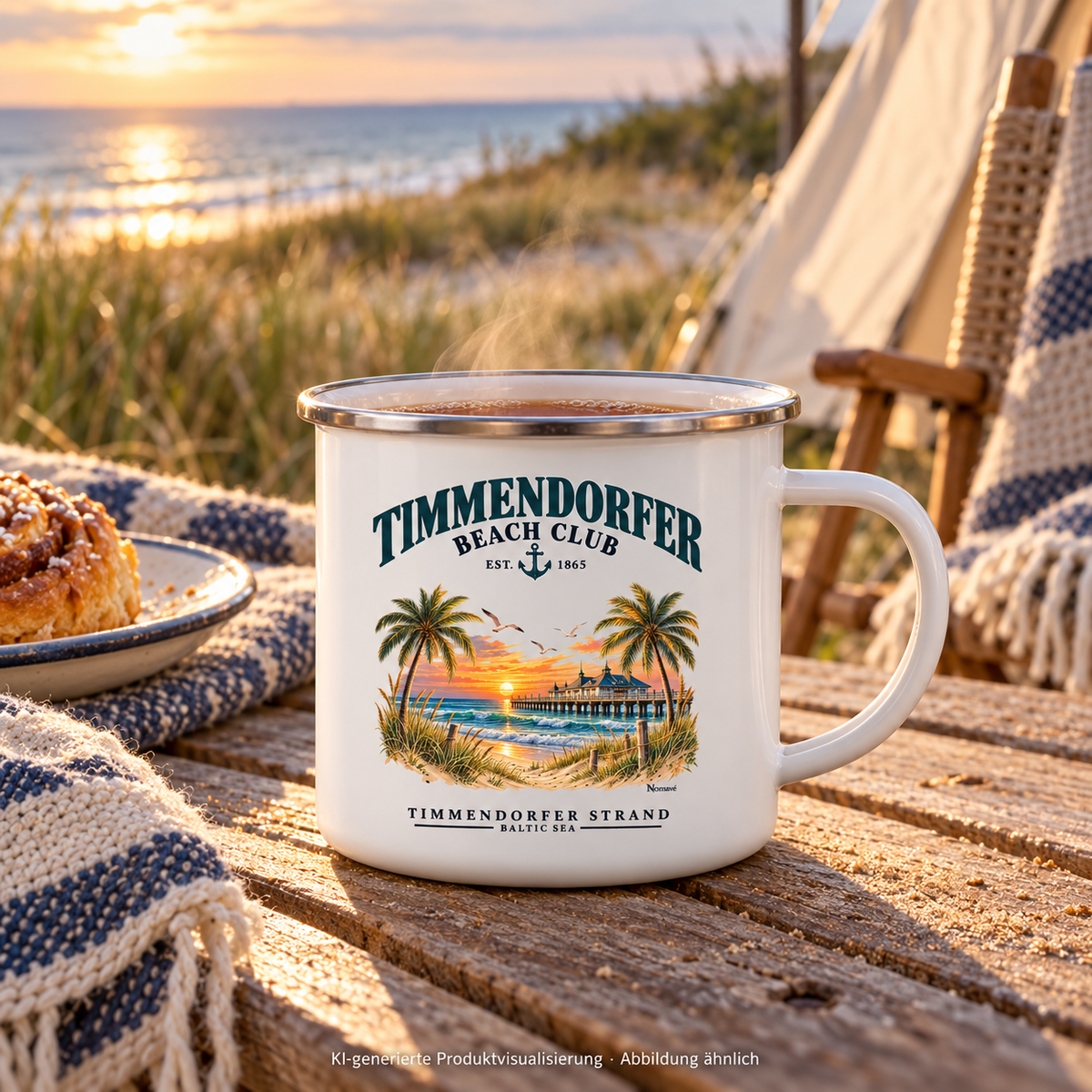 KI-generierte Produktvisualisierung: Weiße Emaille-Tasse 300 ml mit Silberrand und Timmendorfer-Beach-Club-Außenmotiv auf einem Campingtisch an der Küste.
