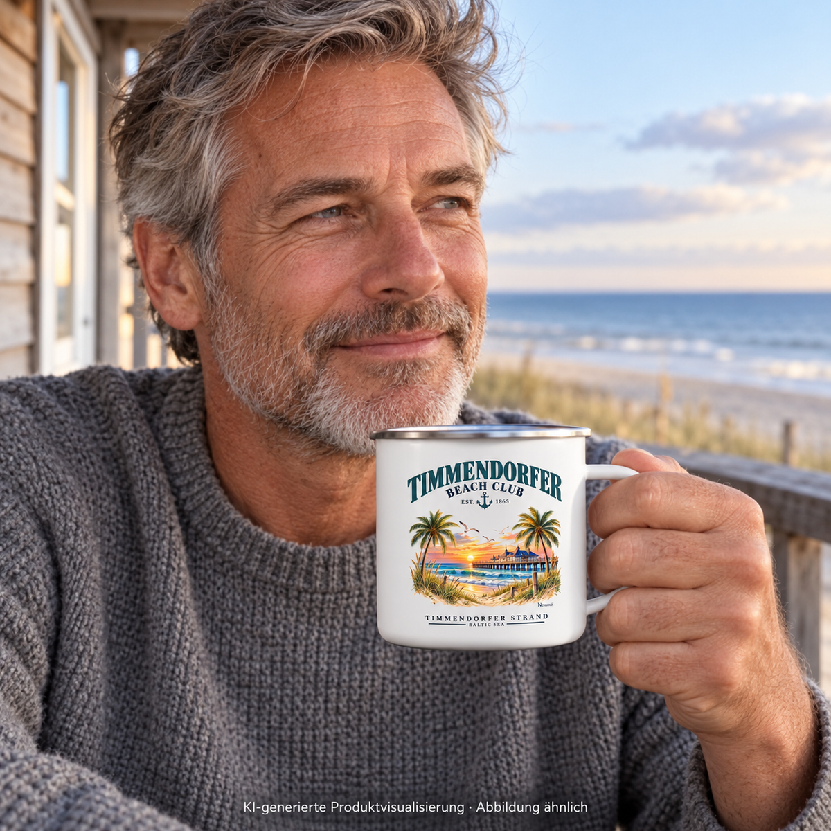 KI-generierte Produktvisualisierung: Mann hält die weiße Emaille-Tasse 300 ml mit Silberrand und Timmendorfer-Beach-Club-Außenmotiv auf einer Ferienhausveranda.