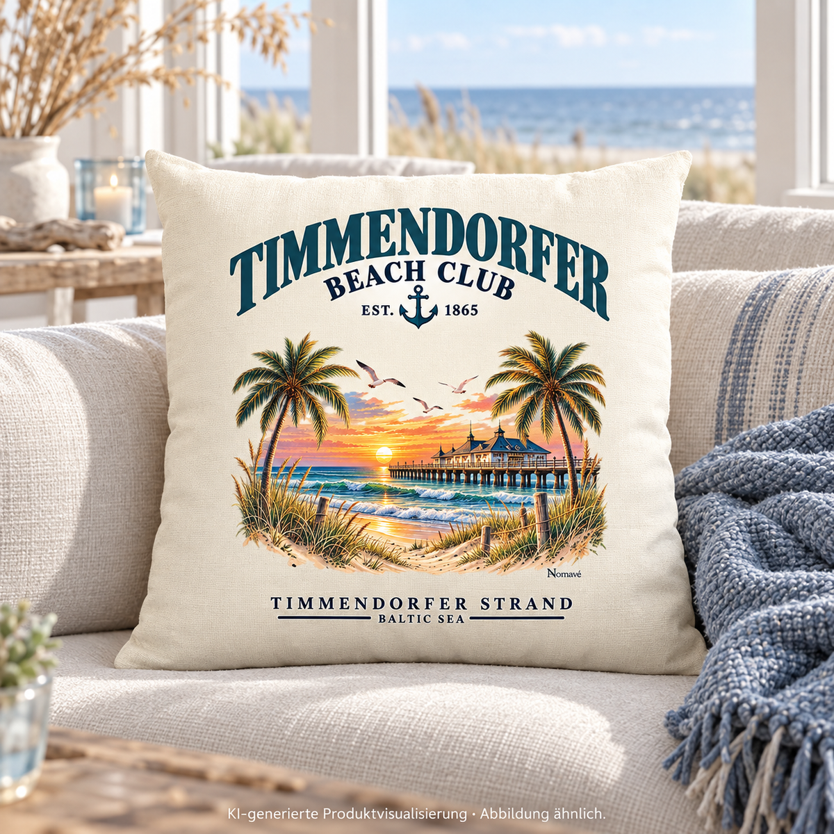 KI-generierte Produktvisualisierung: naturfarbenes Kissen 40 × 40 cm mit Timmendorfer-Beach-Club-Frontmotiv auf einem hellen Sofa am Küstenfenster.
