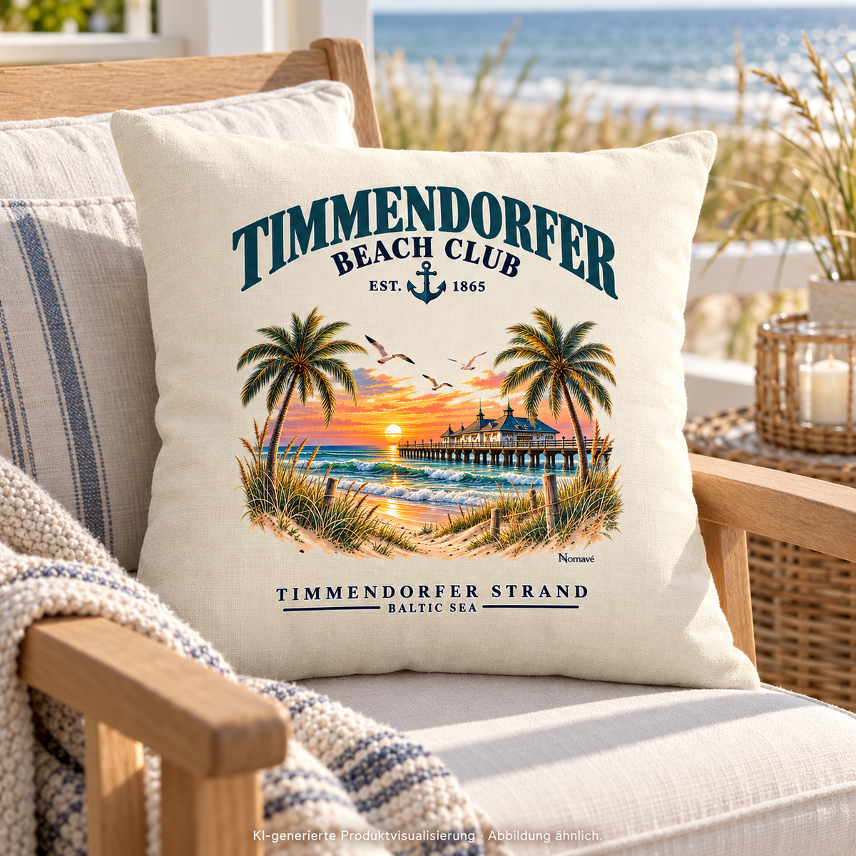 KI-generierte Produktvisualisierung: Kissen Natur 40 × 40 cm mit Timmendorfer-Beach-Club-Frontmotiv auf einem Holzsessel in einer maritimen Veranda.