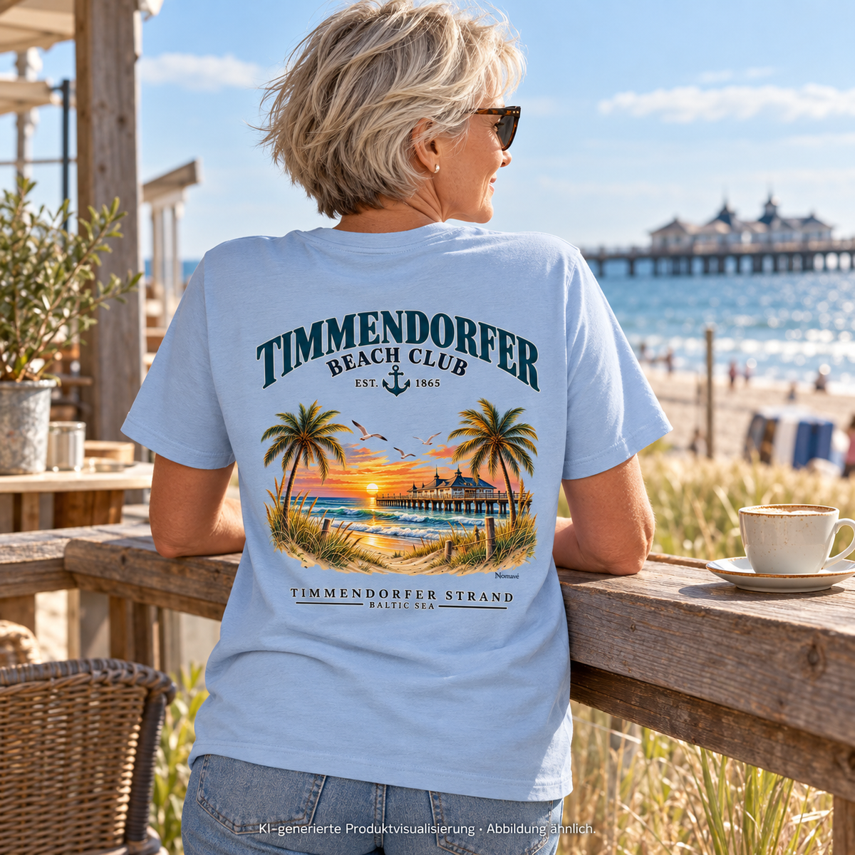 KI-generierte Produktvisualisierung: Frau im Unisex Bio-T-Shirt Blue Soul mit Timmendorfer-Beach-Club-Rückendruck an einer Strandcafé-Terrasse.