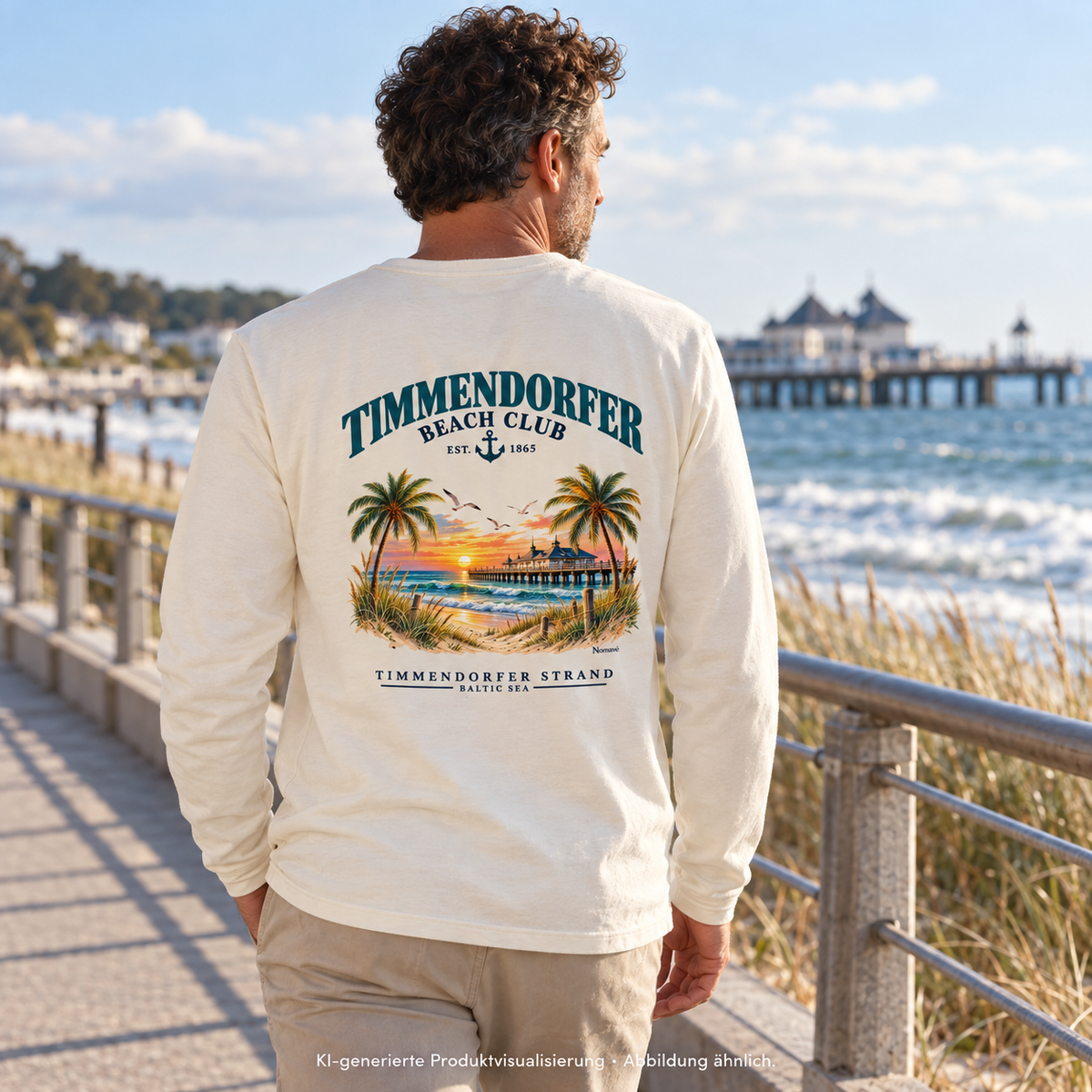 KI-generierte Produktvisualisierung: Mann im Unisex Bio-Longsleeve Natural Raw mit Timmendorfer-Beach-Club-Rückendruck an einer Küstenpromenade.