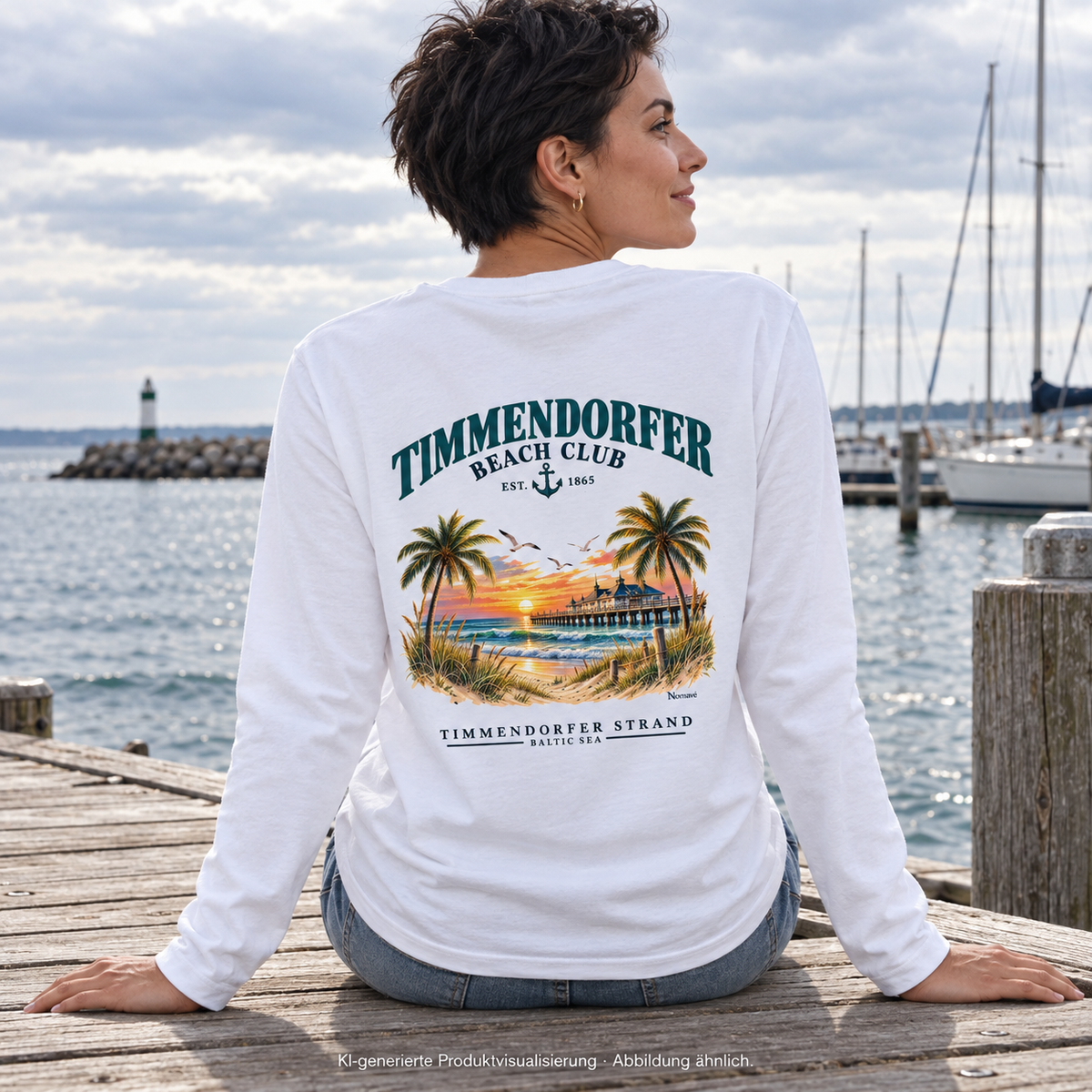 KI-generierte Produktvisualisierung: Frau im weißen Unisex Bio-Longsleeve mit Timmendorfer-Beach-Club-Rückendruck auf einem Holzsteg.