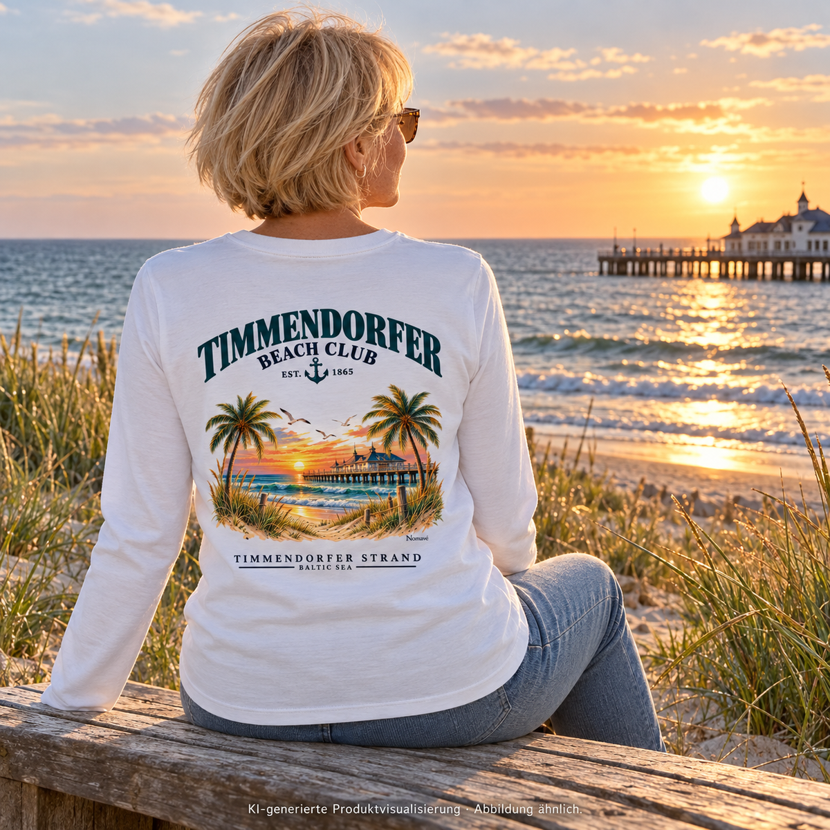 KI-generierte Produktvisualisierung: Frau im weißen Damen Bio-Longsleeve mit Timmendorfer-Beach-Club-Rückendruck auf einer Bank am Dünenrand.