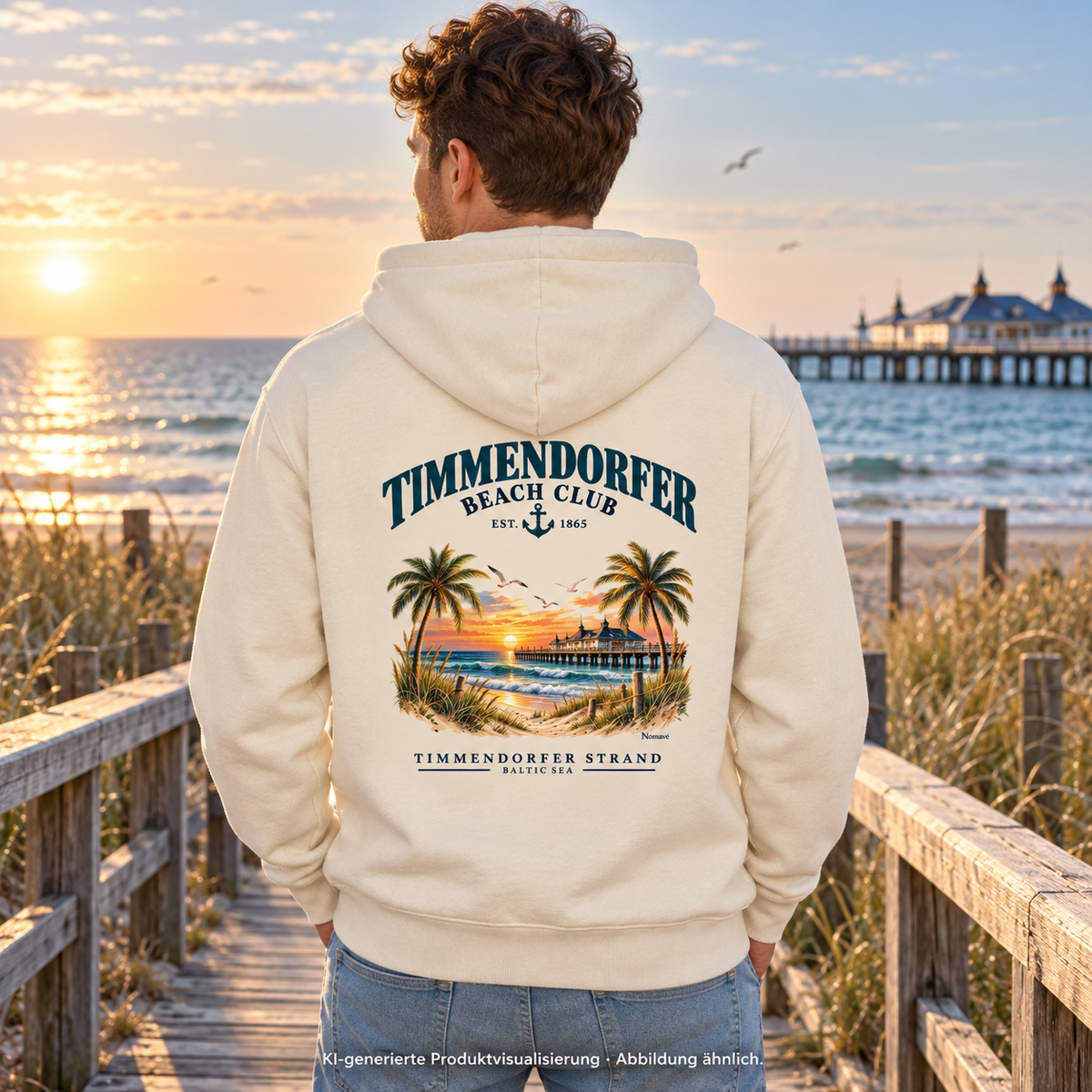 KI-generierte Produktvisualisierung: Mann im Unisex Bio-Hoodie Natural Raw mit Timmendorfer-Beach-Club-Rückendruck auf einem Strandholzweg.