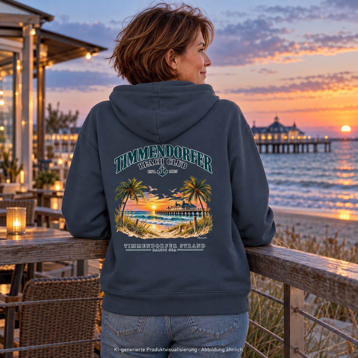 KI-generierte Produktvisualisierung: Frau im Unisex Bio-Hoodie India Ink Grey mit Timmendorfer-Beach-Club-Rückendruck an einem Küstencafé.