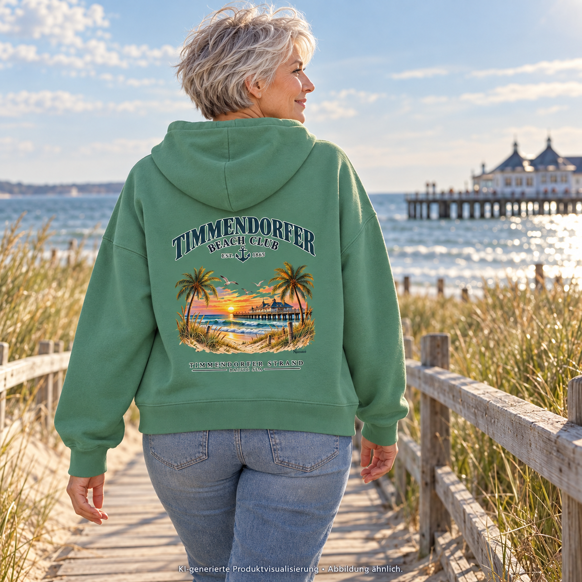 KI-generierte Produktvisualisierung: Frau im Damen Bio-Boxcut-Hoodie Green Bay mit Timmendorfer-Beach-Club-Rückendruck auf einem Dünensteg.