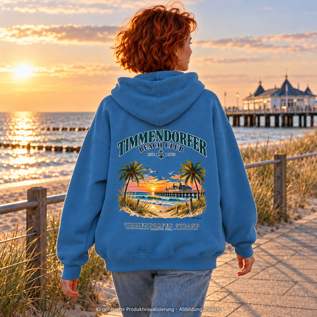 KI-generierte Produktvisualisierung: Frau im Bio-Oversize-Hoodie Mindful Blue mit Timmendorfer-Beach-Club-Rückendruck an einer Küstenpromenade.