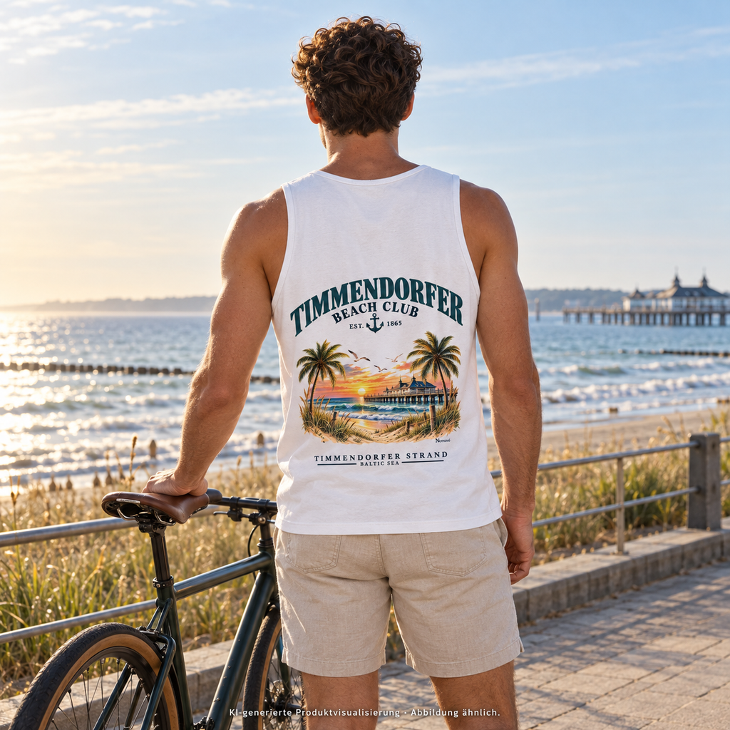 KI-generierte Produktvisualisierung: Mann im weißen Herren-Bio-Tanktop mit Timmendorfer-Beach-Club-Rückendruck, neben einem Fahrrad an der Küstenpromenade.
