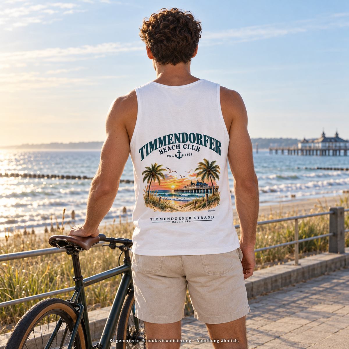 KI-generierte Produktvisualisierung: Mann im weißen Herren-Bio-Tanktop mit Timmendorfer-Beach-Club-Rückendruck, neben einem Fahrrad an der Küstenpromenade.