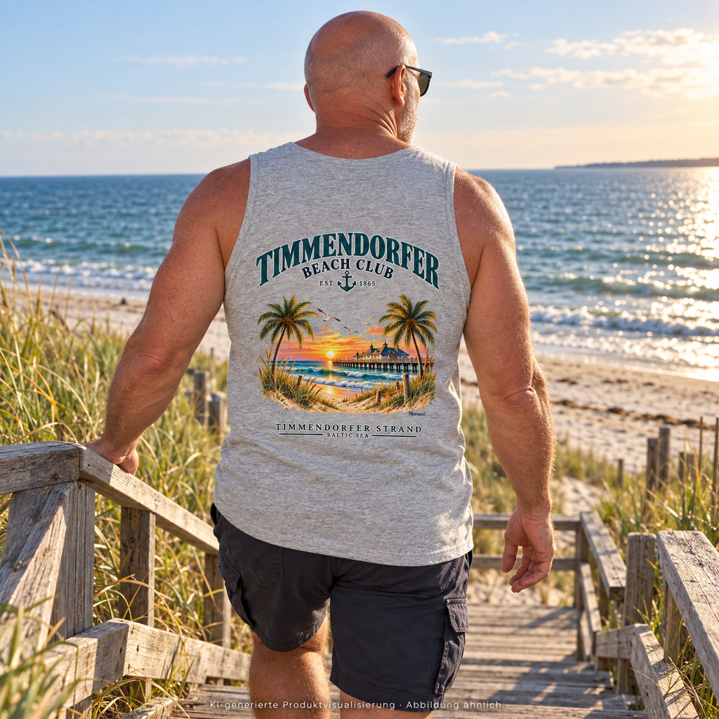 KI-generierte Produktvisualisierung: Mann im Herren-Bio-Tanktop in Heather Grey, Timmendorfer-Beach-Club-Backprint auf dem Weg über Holzstufen zum Strand.
