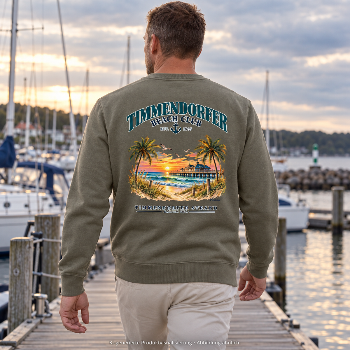 KI-generierte Produktvisualisierung: Mann im Unisex-Bio-Sweatshirt in Khaki, Timmendorfer-Beach-Club-Backprint bei einem Spaziergang an einer Marina.
