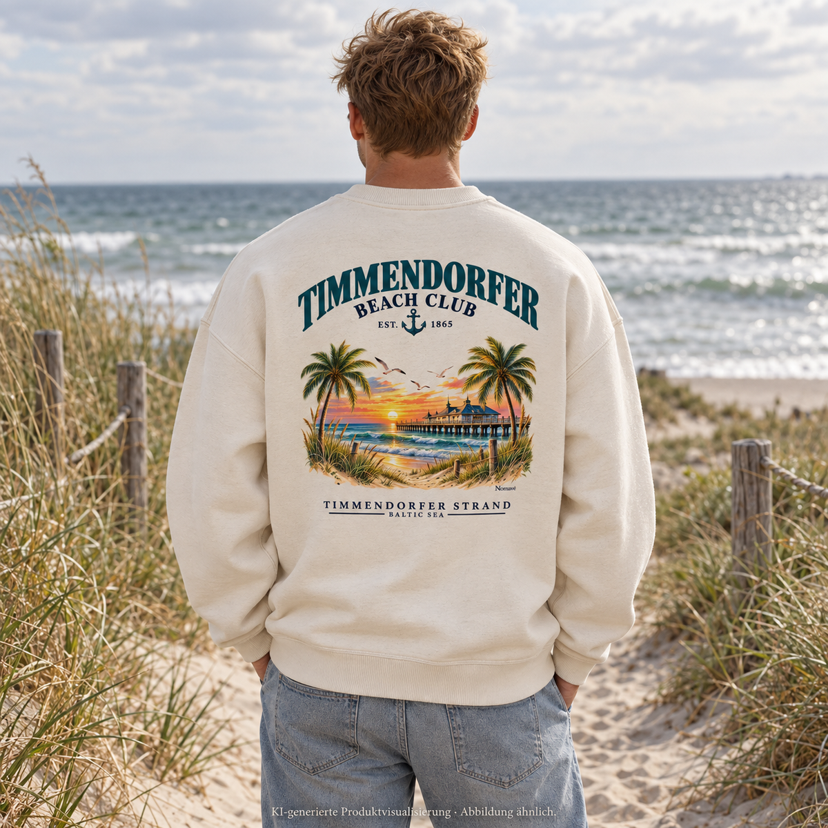 KI-generierte Produktvisualisierung: Mann im Unisex-Bio-Oversize-Sweatshirt in Natural Raw mit Timmendorfer-Beach-Club-Rückendruck auf einem Dünenweg.