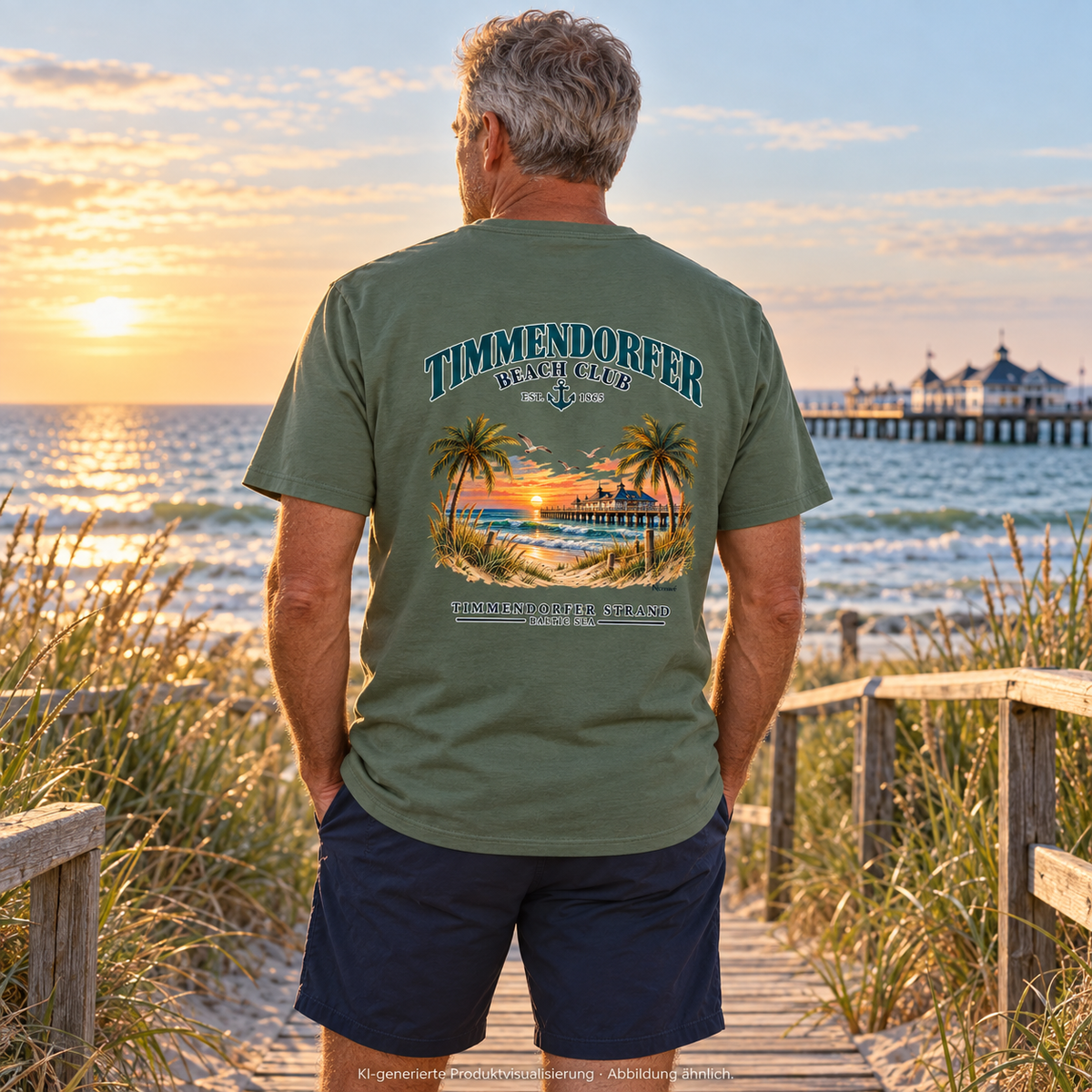 KI-generierte Produktvisualisierung: Mann im Essential Unisex-T-Shirt in Military Green mit Timmendorfer-Beach-Club-Backprint auf einem Strandsteg.