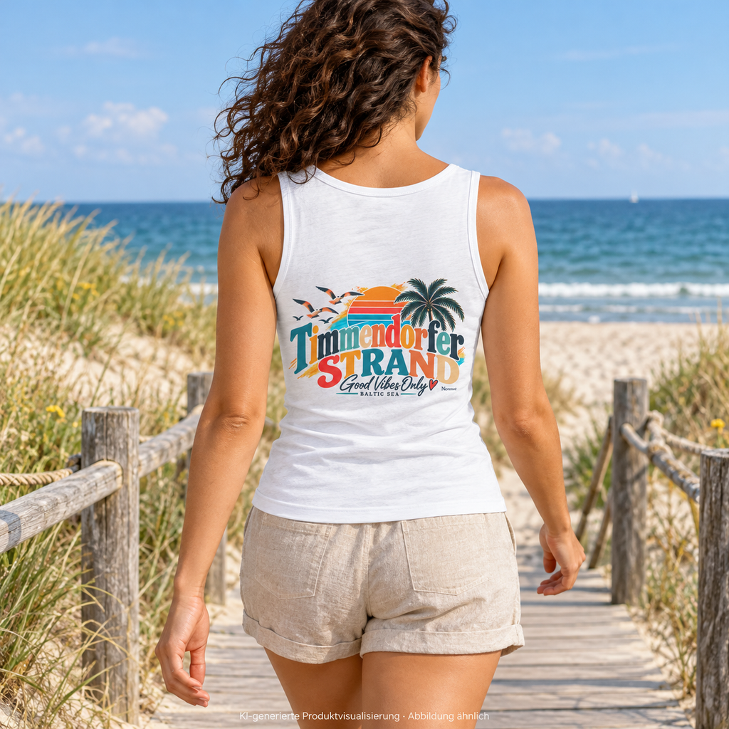 KI-generierte Produktvisualisierung: Frau im weißen Damen Fitted Tanktop mit Good-Vibes-Only-Rückenprint am Ostsee-Strandzugang.