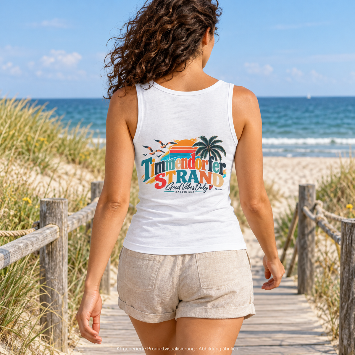 KI-generierte Produktvisualisierung: Frau im weißen Damen Fitted Tanktop mit Good-Vibes-Only-Rückenprint am Ostsee-Strandzugang.