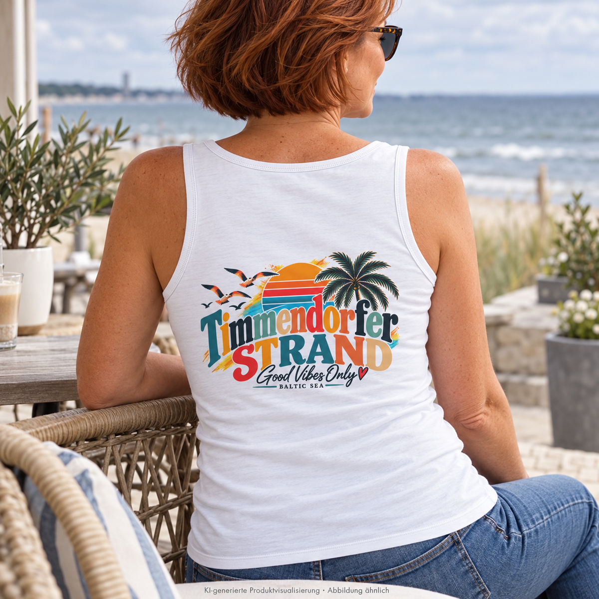 KI-generierte Produktvisualisierung: weißes Damen Fitted Tanktop mit Timmendorfer-Strand-Rückenprint auf einer Caféterrasse am Meer.