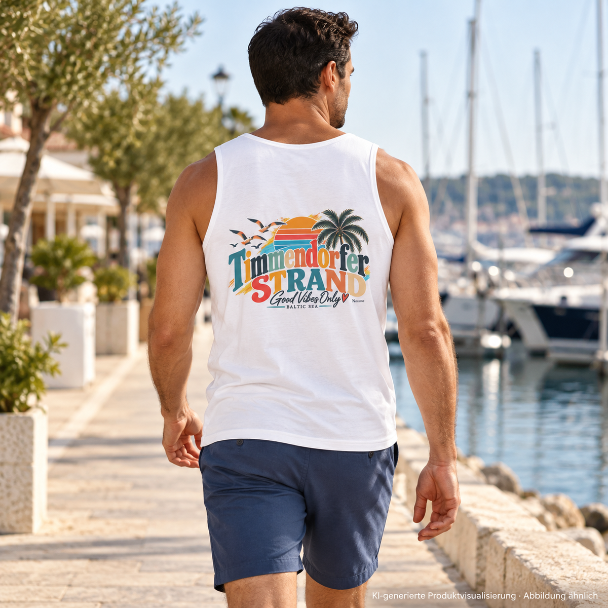 KI-generierte Produktvisualisierung: Mann im weißen Herren-Tanktop mit Good-Vibes-Only-Rückenprint an einer Marina.