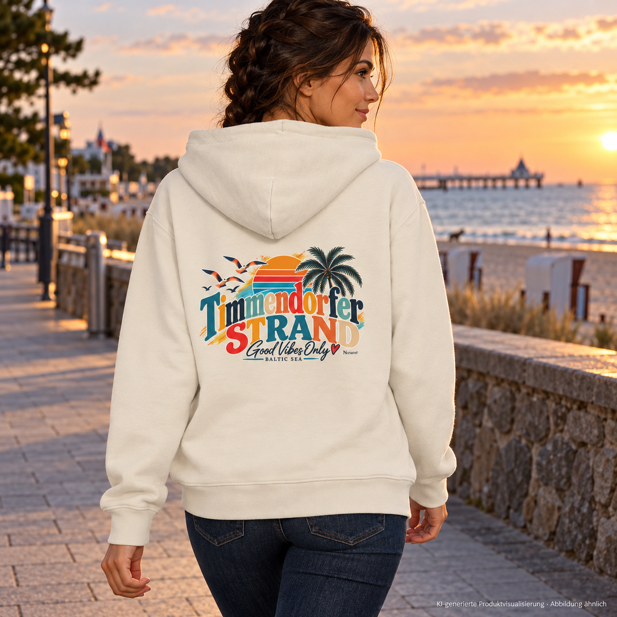 KI-generierte Produktvisualisierung: Frau im Natural-Raw-Hoodie mit Good-Vibes-Only-Rückenprint auf einer Küstenpromenade.