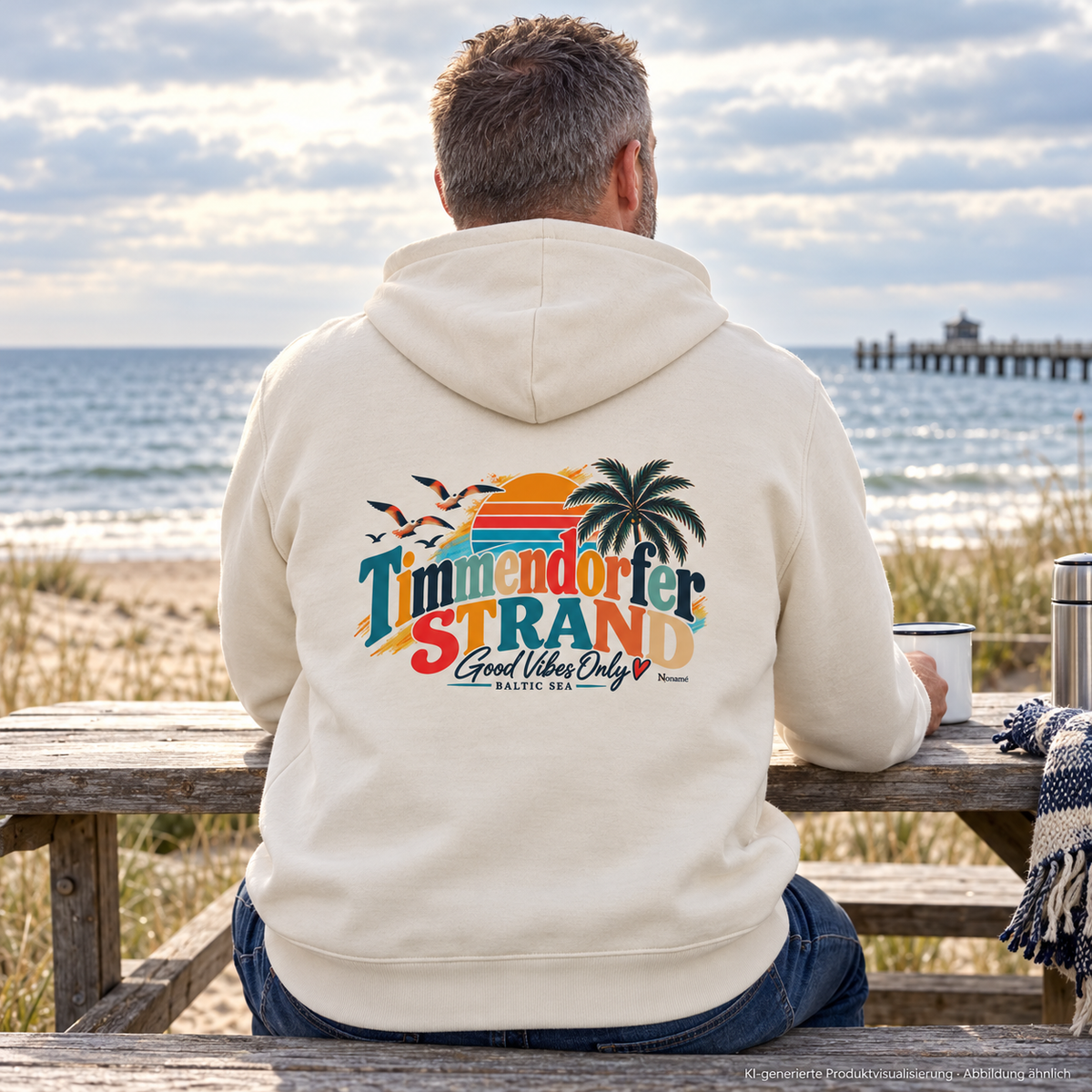 KI-generierte Produktvisualisierung: Mann im naturfarbenen Unisex-Hoodie mit Timmendorfer-Strand-Rückenprint am Küsten-Picknicktisch.