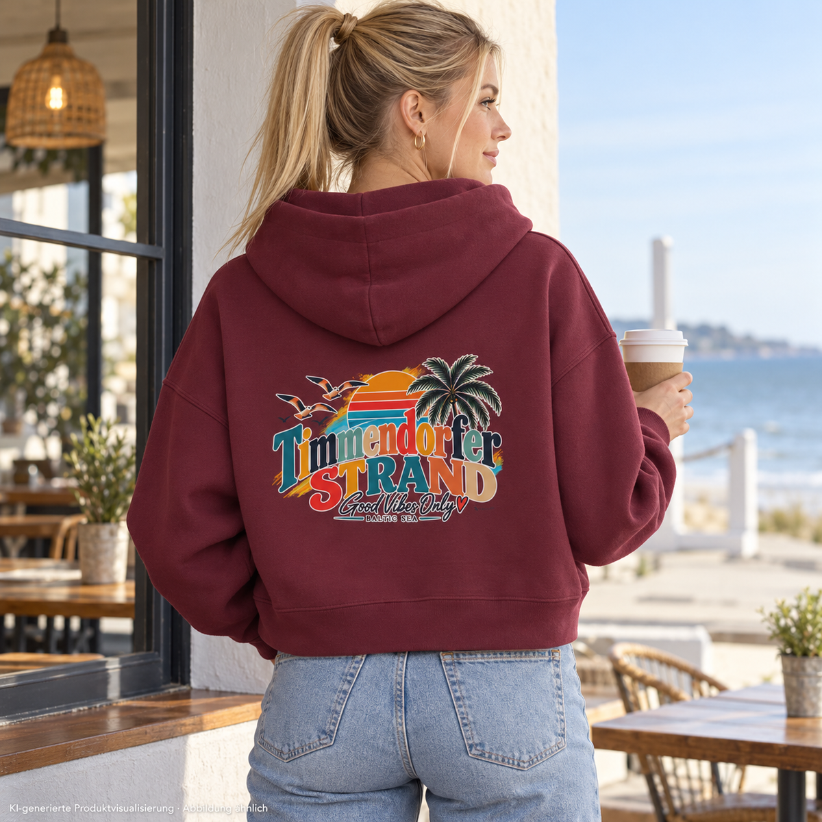 KI-generierte Produktvisualisierung: Damen Boxcut-Hoodie in Burgundy mit Timmendorfer-Strand-Rückenprint vor einem Küstencafé.