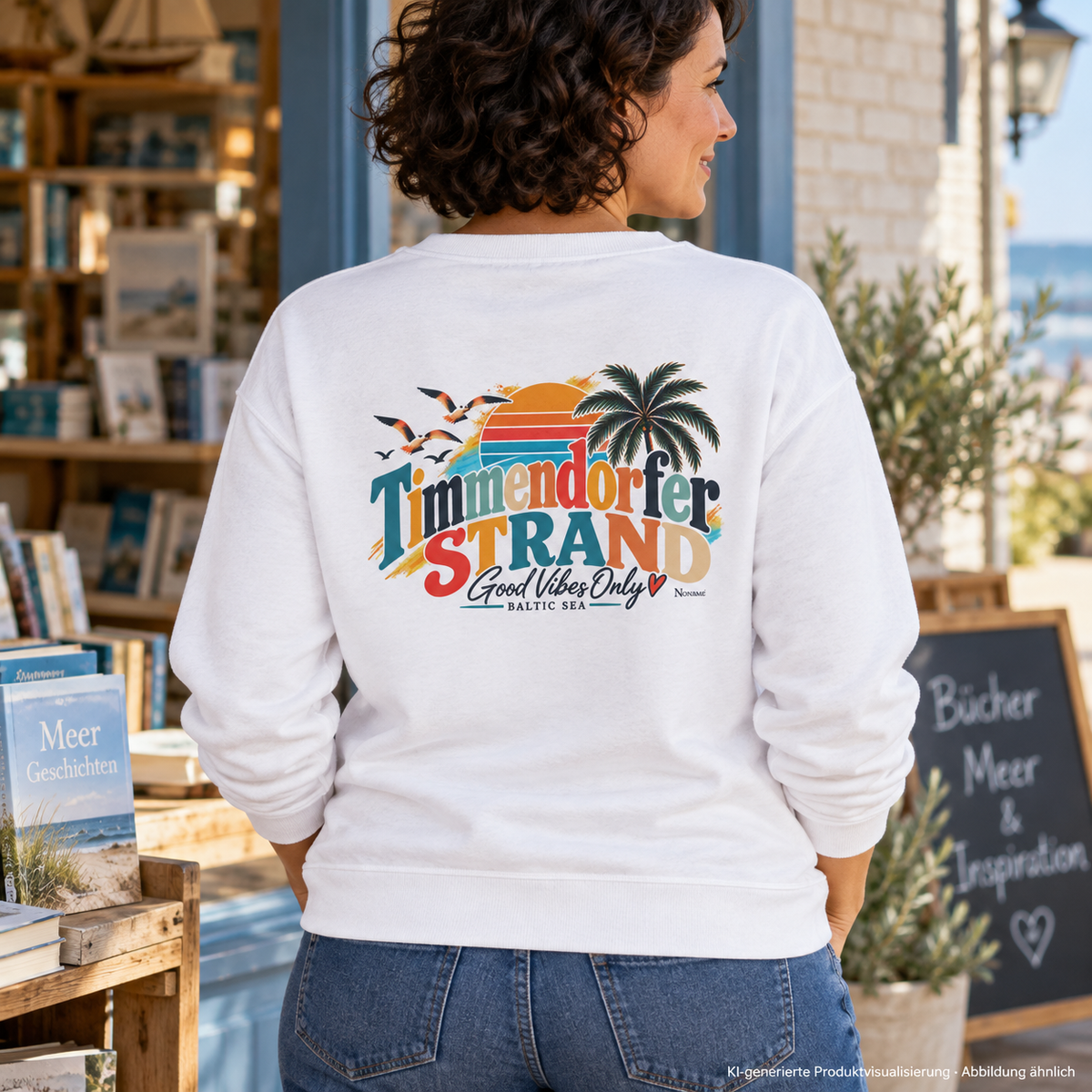 KI-generierte Produktvisualisierung: Frau im weißen Unisex-Sweatshirt mit Good-Vibes-Only-Rückenprint vor einer Küstenbuchhandlung.