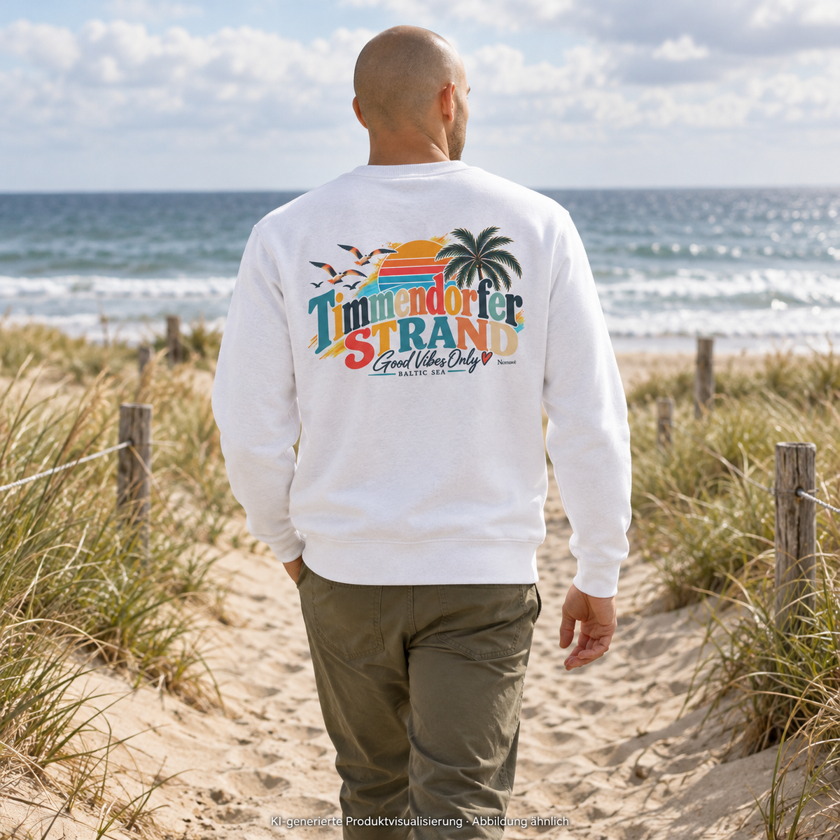 KI-generierte Produktvisualisierung: Mann im weißen Sweatshirt mit Timmendorfer-Strand-Rückenmotiv auf einem Strandweg.