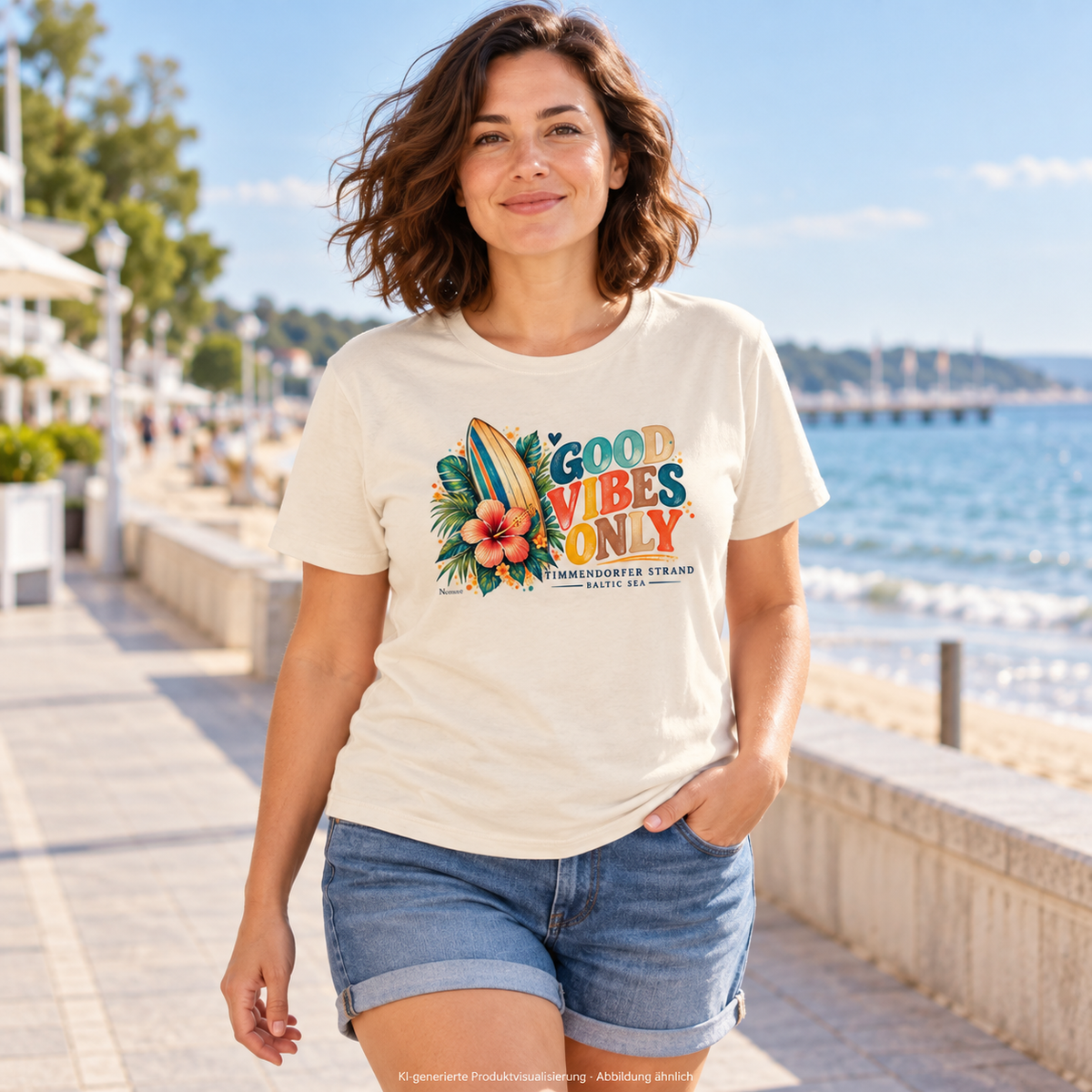 KI-generierte Produktvisualisierung: Frau im Natural-Raw-Bio-T-Shirt mit Surf-Vibes-Frontprint auf einer Küstenpromenade.