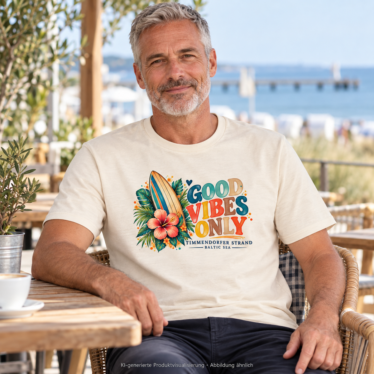 KI-generierte Produktvisualisierung: Mann im naturfarbenen Unisex-T-Shirt mit Surfboard- und Hibiskus-Frontmotiv im Küstencafé.