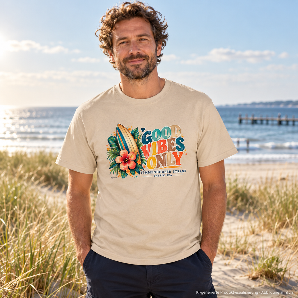 KI-generierte Produktvisualisierung: Mann im Natural-Heavy-Cotton-T-Shirt mit Surf-Vibes-Frontmotiv am Strand.