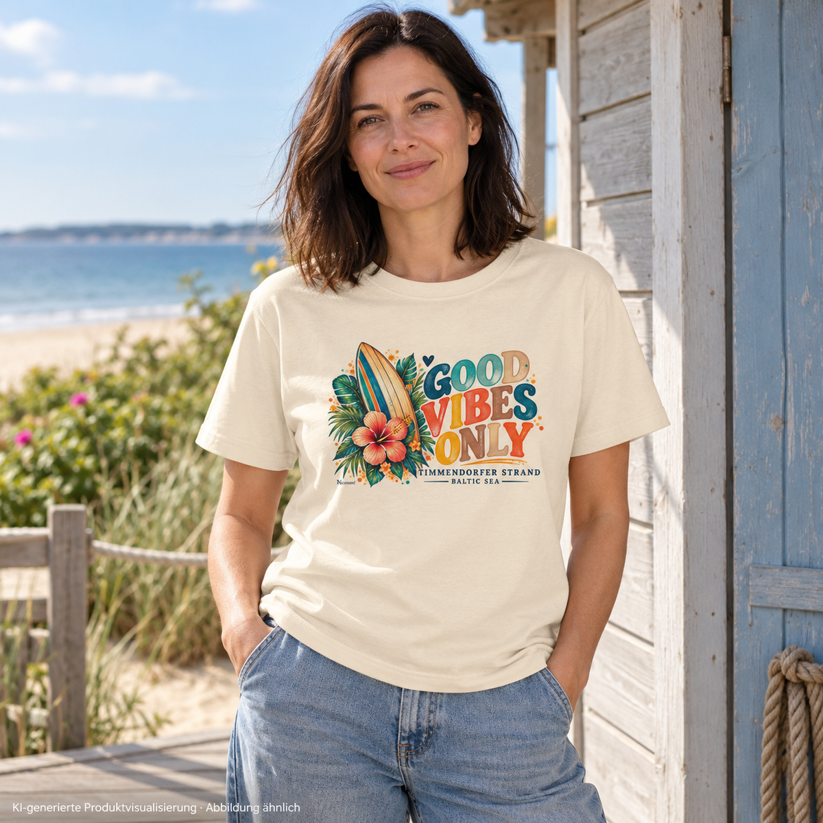 KI-generierte Produktvisualisierung: Frau im Natural-Raw-Bio-Heavy-T-Shirt mit Surf-Vibes-Frontprint an einer Strandhütte.