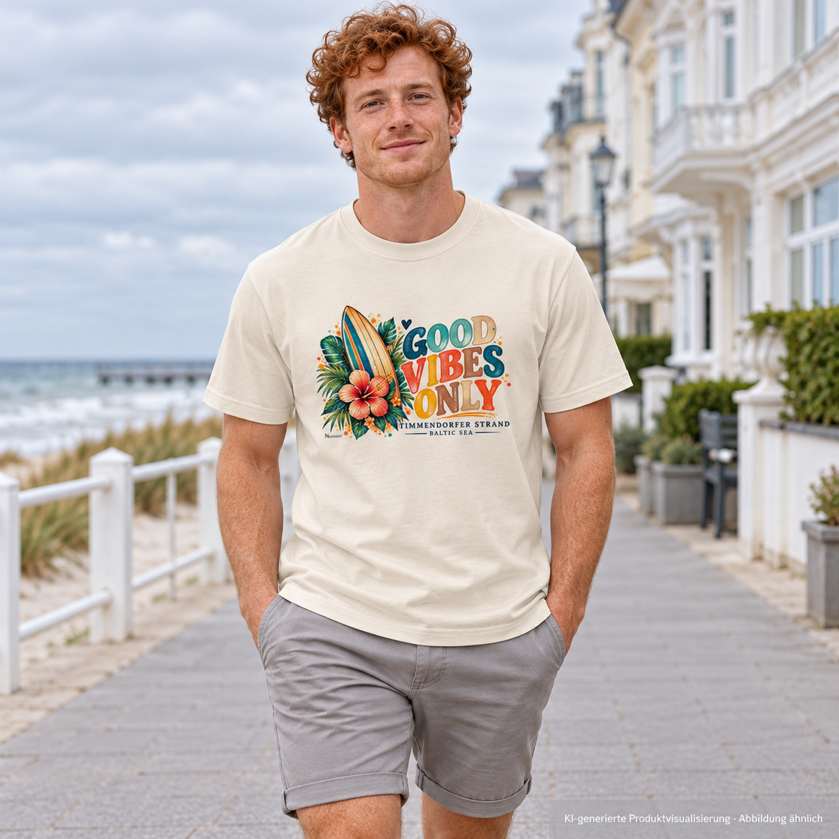 KI-generierte Produktvisualisierung: Mann im naturfarbenen Bio-Heavy-T-Shirt mit Surfboard- und Hibiskus-Frontmotiv auf einer Küstenstraße.