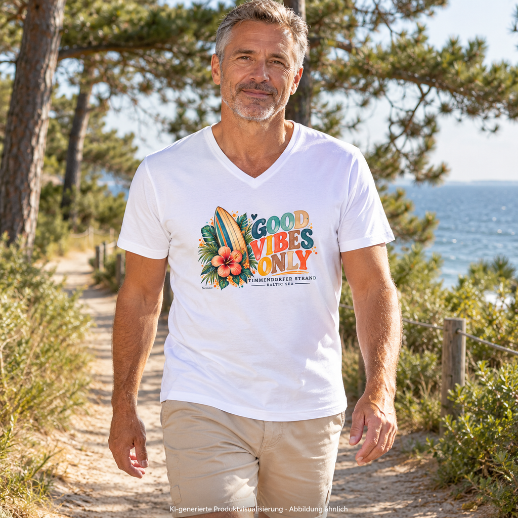 KI-generierte Produktvisualisierung: Mann im weißen Herren Bio-V-Neck-Shirt mit Timmendorfer Surf-Vibes-Frontprint auf einem Küstenweg.