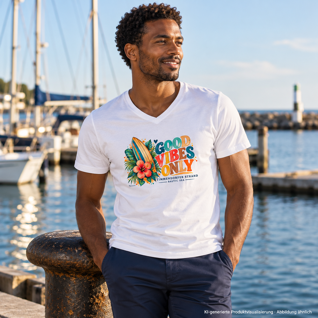 KI-generierte Produktvisualisierung: Mann im weißen V-Ausschnitt-Shirt mit Surfboard-, Hibiskus- und Good-Vibes-Only-Frontprint an einer Marina.