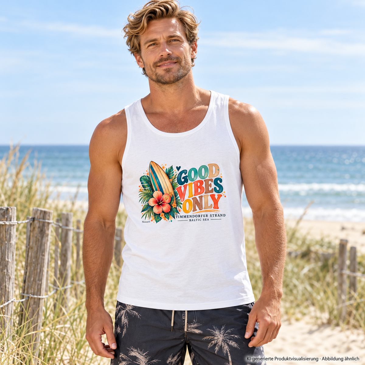 KI-generierte Produktvisualisierung: Mann im weißen Herren Bio-Tanktop mit Timmendorfer Surf-Vibes-Frontprint am Ostsee-Strandzugang.