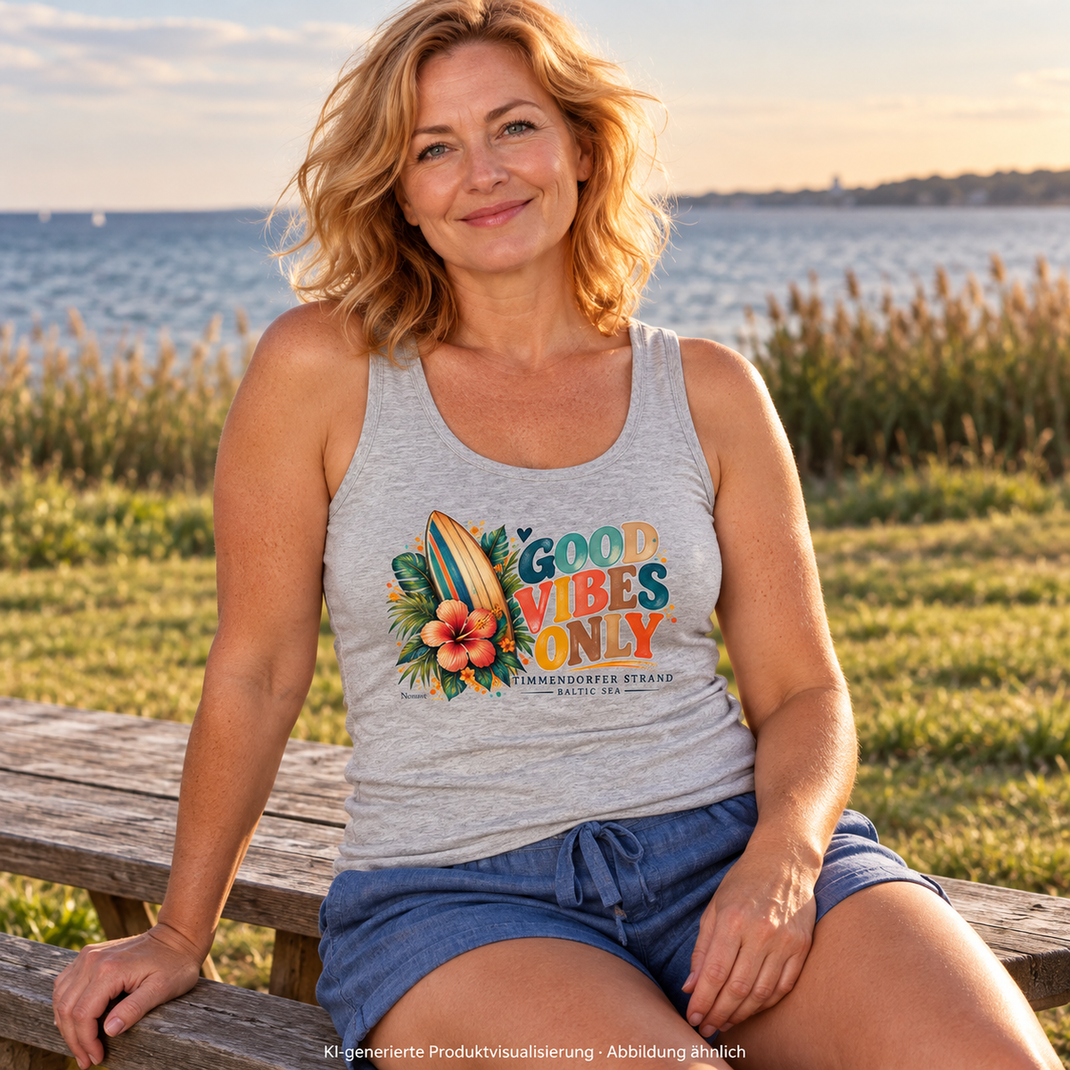 KI-generierte Produktvisualisierung: Frau im Damen Fitted Tanktop in Cool Heather Grey mit Surfboard-, Hibiskus- und Good-Vibes-Only-Frontprint auf einer Picknickbank am Meer.