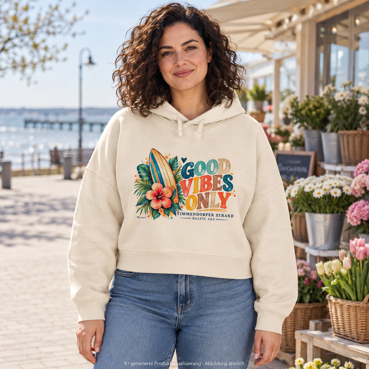 KI-generierte Produktvisualisierung: Frau im Damen Bio-Boxcut-Hoodie in Natural Raw mit Timmendorfer Surf-Vibes-Frontprint vor einem Blumenstand an der Küste.