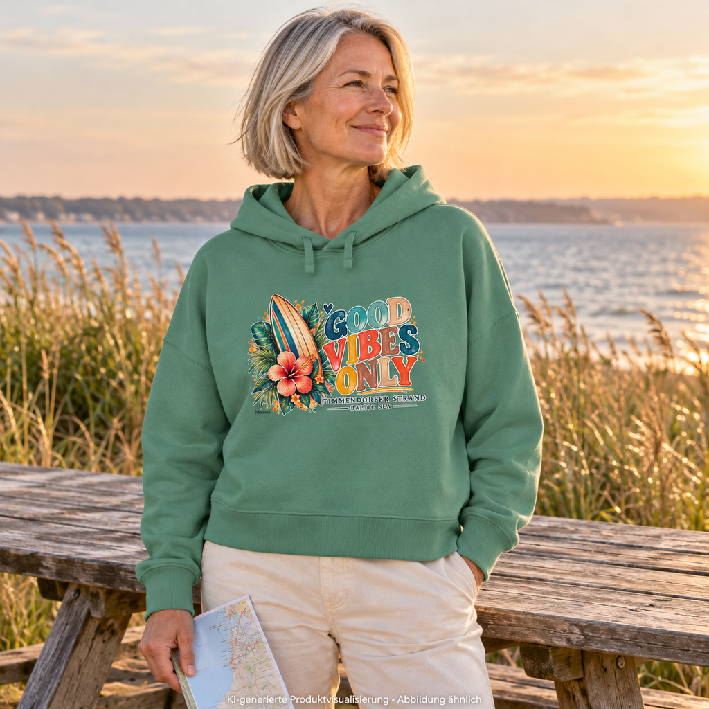 KI-generierte Produktvisualisierung: Frau im Damen Boxcut-Hoodie in Green Bay mit Surfboard-, Hibiskus- und Good-Vibes-Only-Frontprint an einem Picknicktisch am Meer.