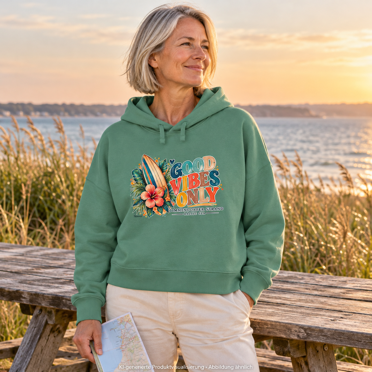 KI-generierte Produktvisualisierung: Frau im Damen Boxcut-Hoodie in Green Bay mit Surfboard-, Hibiskus- und Good-Vibes-Only-Frontprint an einem Picknicktisch am Meer.