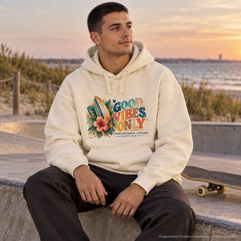 KI-generierte Produktvisualisierung: Mann im Unisex Bio-Oversize-Hoodie in Natural Raw mit Timmendorfer Surf-Vibes-Frontprint an einem Küsten-Skatepark.