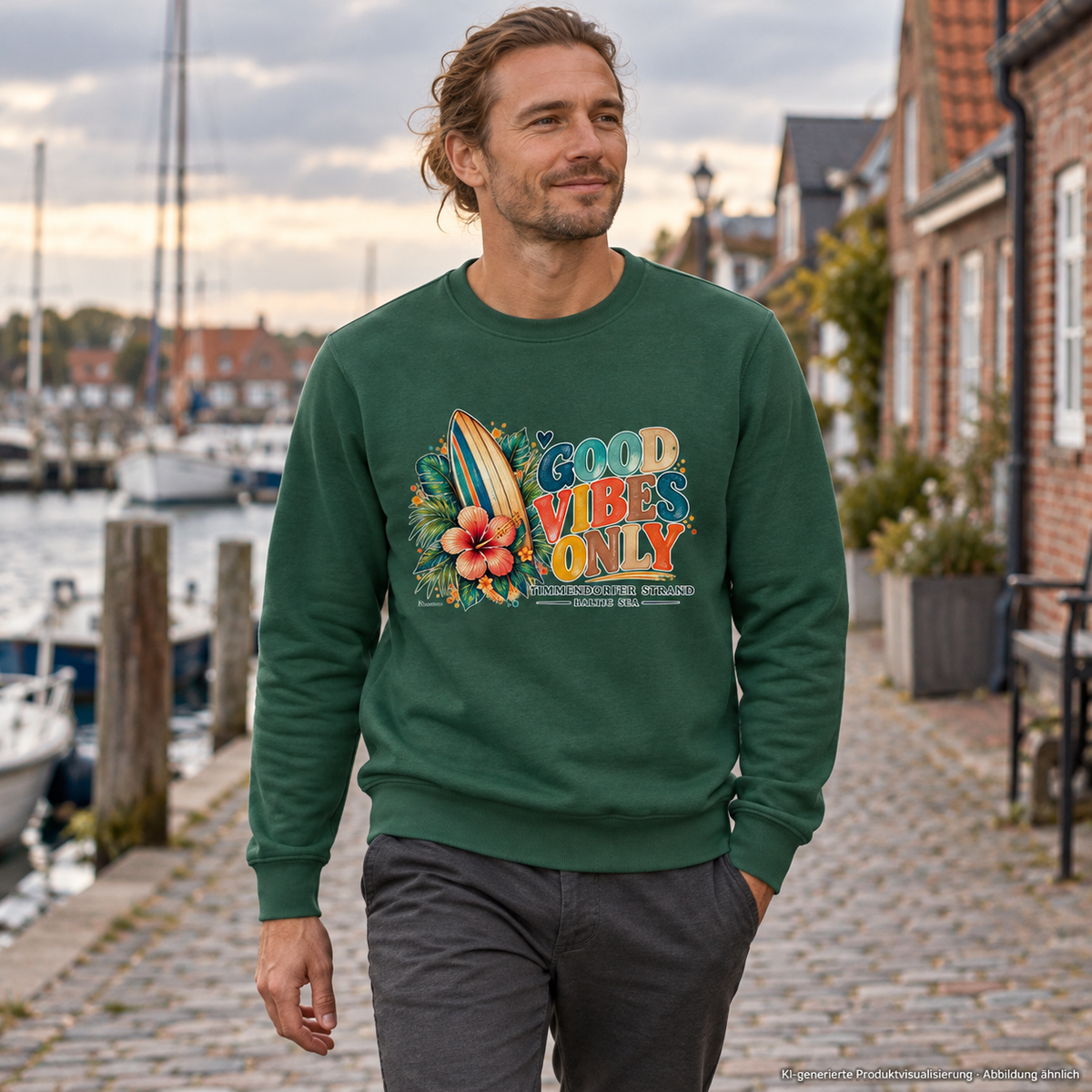 KI-generierte Produktvisualisierung: Mann im Unisex Rundhals-Sweatshirt in Bottle Green mit Surfboard-, Hibiskus- und Good-Vibes-Only-Frontprint beim Hafenbummel.