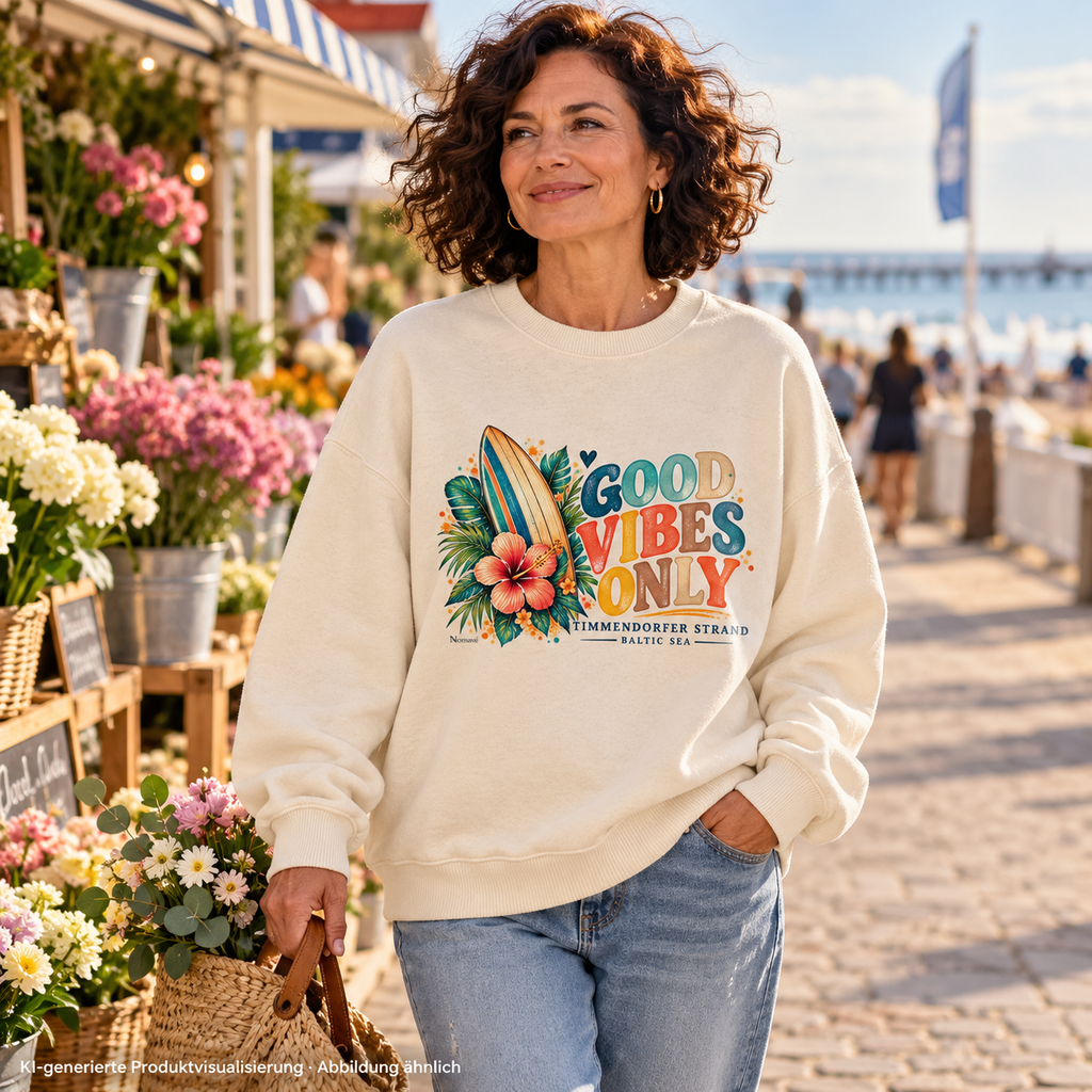 KI-generierte Produktvisualisierung: Frau im Natural-Raw Bio-Oversize-Sweatshirt mit Timmendorfer Surf-Vibes-Frontprint am Blumenstand an der Ostsee.