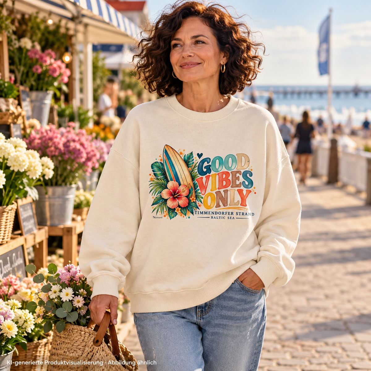 KI-generierte Produktvisualisierung: Frau im Natural-Raw Bio-Oversize-Sweatshirt mit Timmendorfer Surf-Vibes-Frontprint am Blumenstand an der Ostsee.