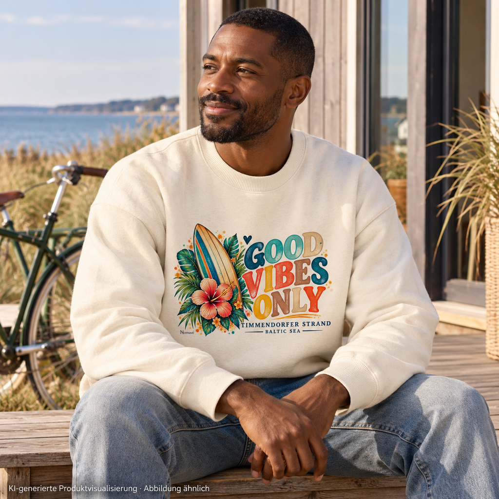 KI-generierte Produktvisualisierung: Mann im Natural-Raw Unisex Bio-Oversize-Sweatshirt mit Surfboard- und Hibiskus-Frontprint vor einem Küstenferienhaus.